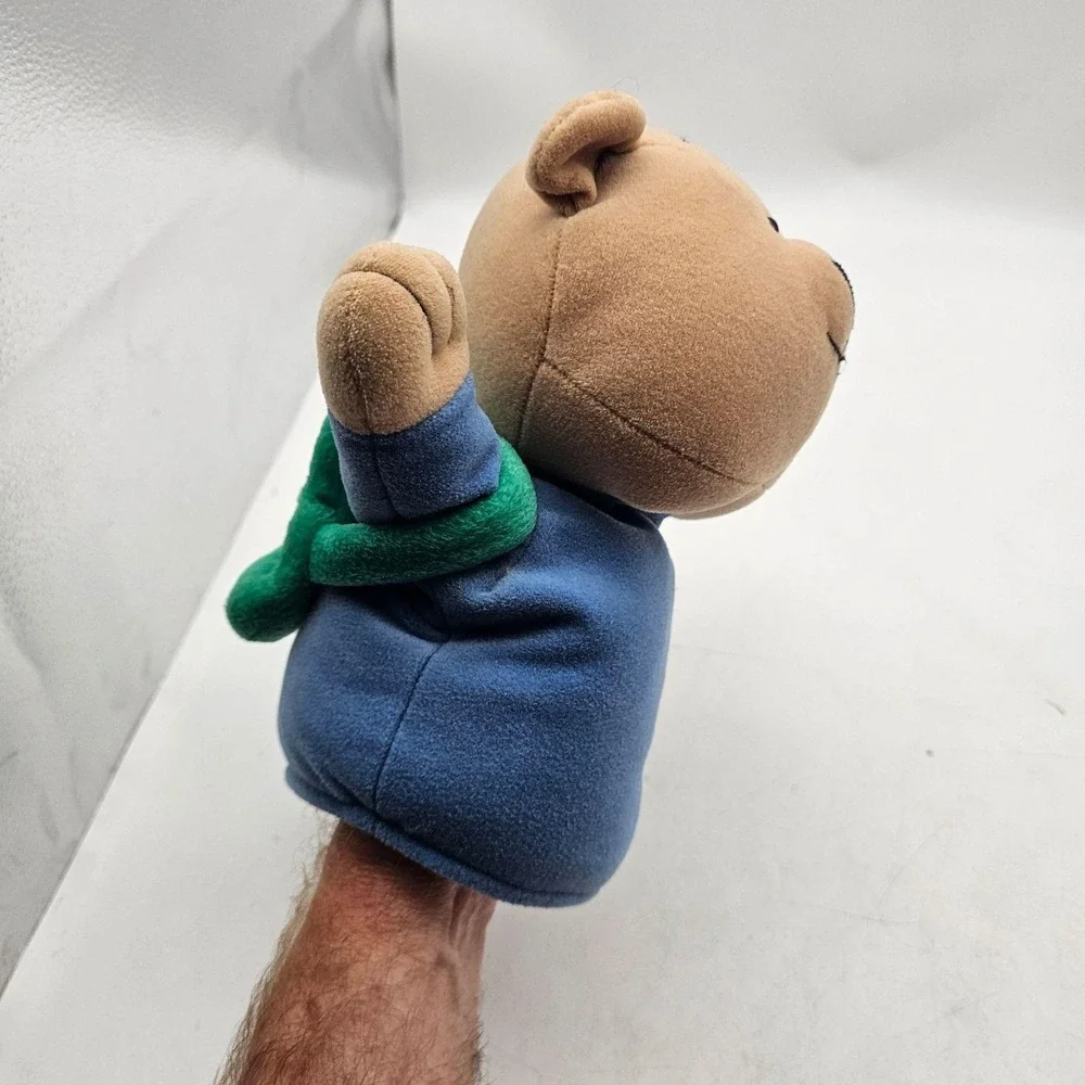 Bear Hand Puppet Plush Stuffed Animal Toy Small Brown Blue Backpack Soft Cute